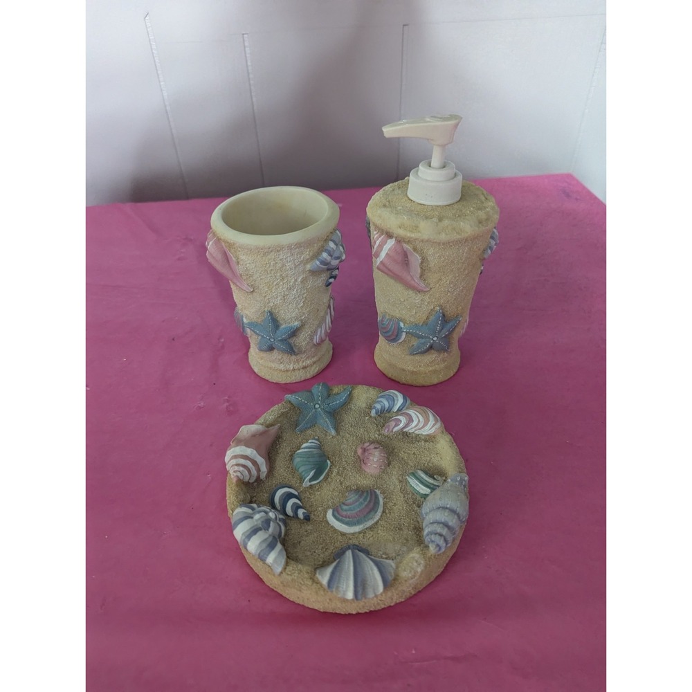 3 piece‎ Seashell beach nautical bathroom set soap dish lotion pump toothbrush